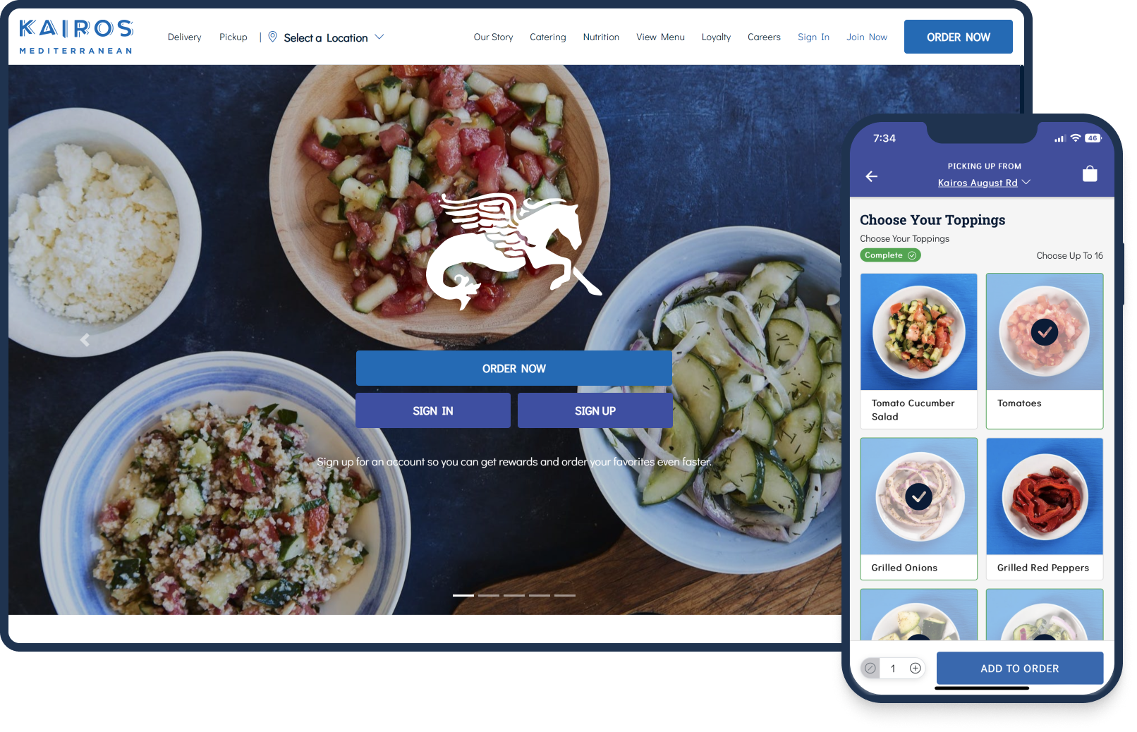 DineEngine and Kairos Mediterranean online ordering for web and mobile app