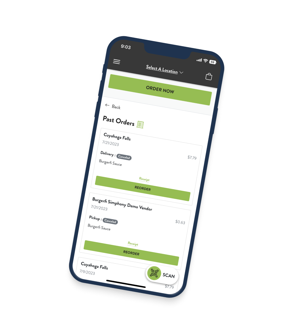 DineEngine and BurgerFi's app showing past orders and reorder functionality