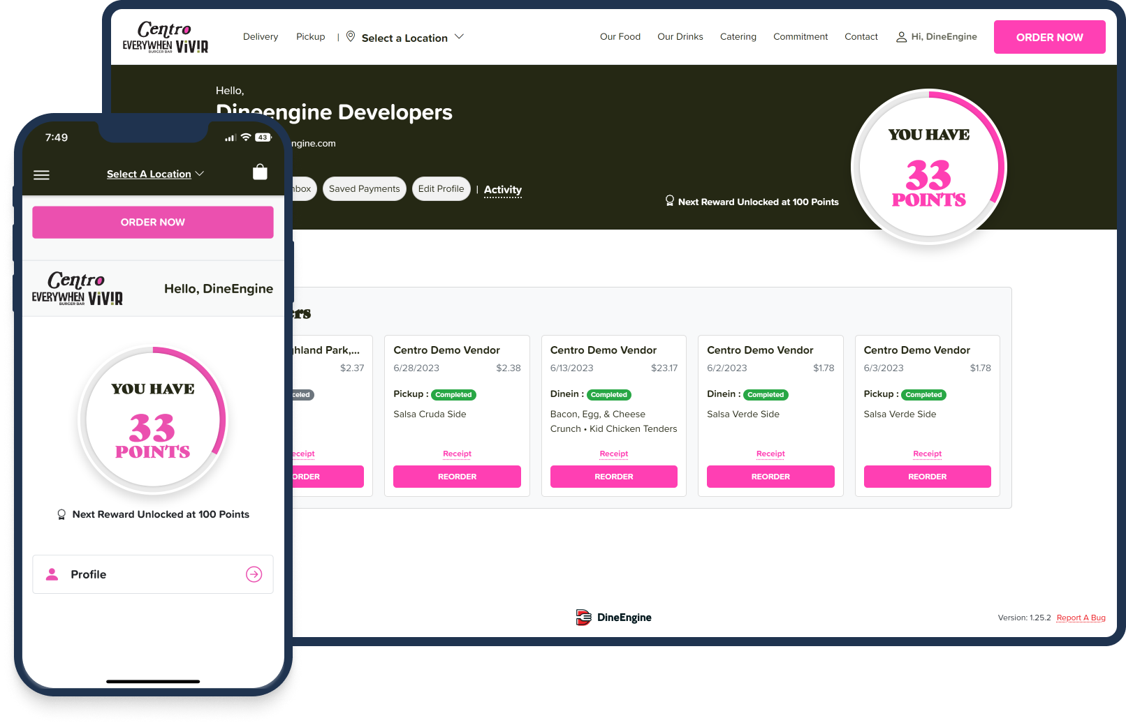 DineEngine's Spendgo integration for Centro MPLS highlighting their rewards dashboard for their mobile and web experiences
