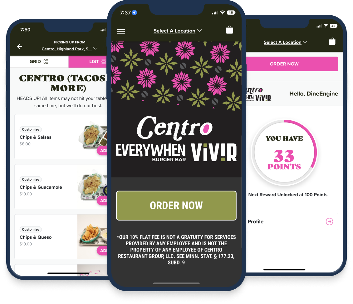 DineEngine's Spendgo integration for Centro MPLS highlighting their menu, rewards, and mobile app